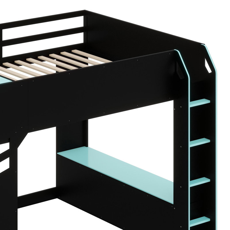 Lit mezzanine avec bureau à hauteur réglable, Noir / Bleu