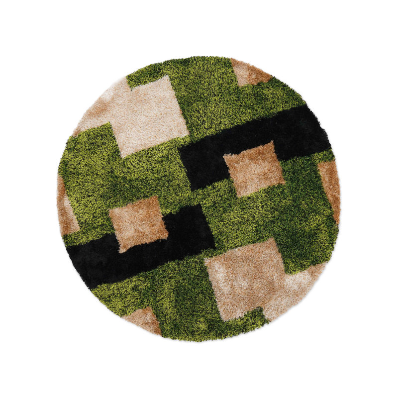 Heller HAND TUFTED SHAG POLYESTER ECO-FRIENDLY AREA RUGS  - Round | Green Beige | Geometric Modern | High Pile | Thick Handmade | Anti Skid | Rugs for Living Room