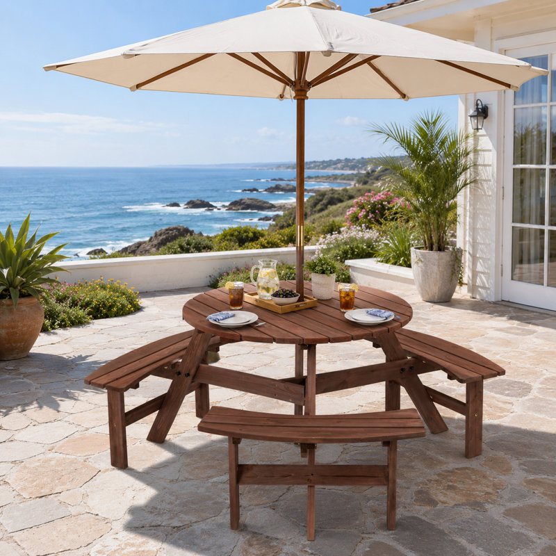 Table ronde de pique-nique avec trois bancs fixes pour le jardin et la plage, Brun
