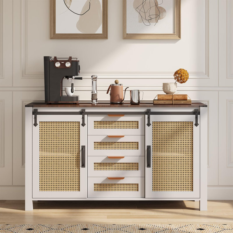 Buffet en rotin à 4 tiroirs, Blanc
