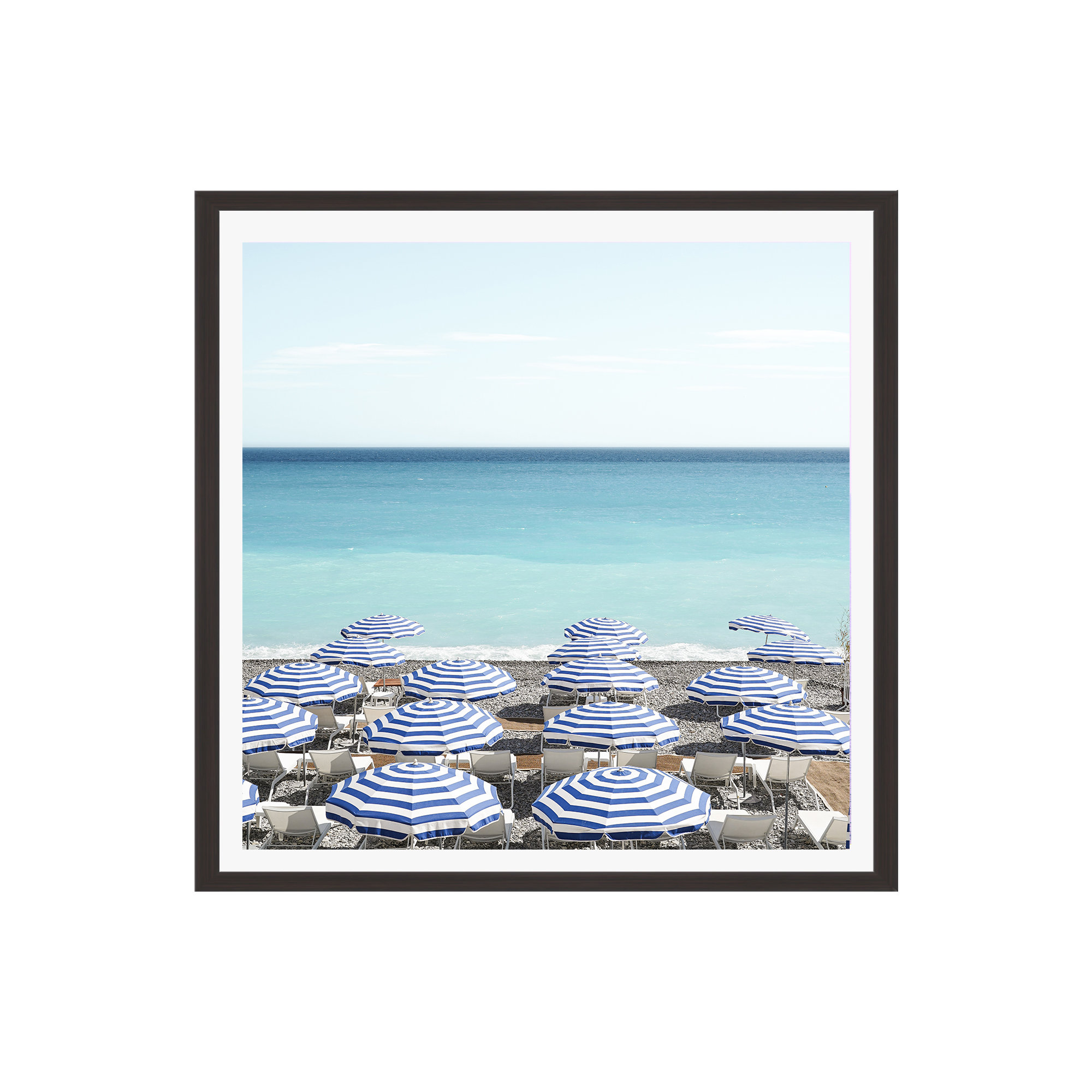 Blue Beach Umbrellas Photo by Henrike Schenk, Espresso Framed Paper, 20" H x 20" W x 0.75" D, Yes