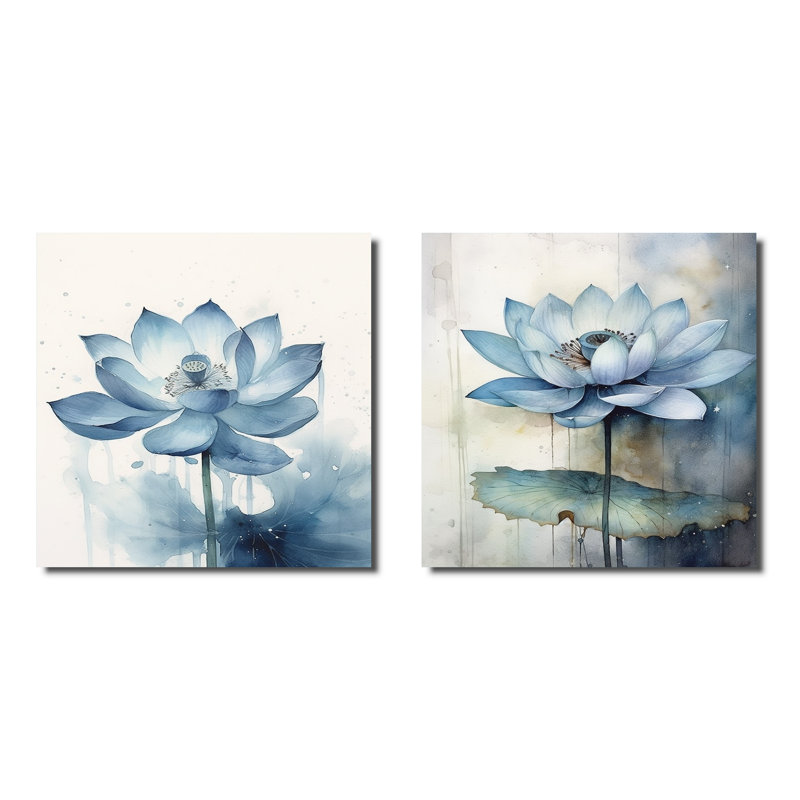 Timeless Lotus Saphire - lot de 2 lotus carrés, Toile tendue, H 16 po x l 33 po