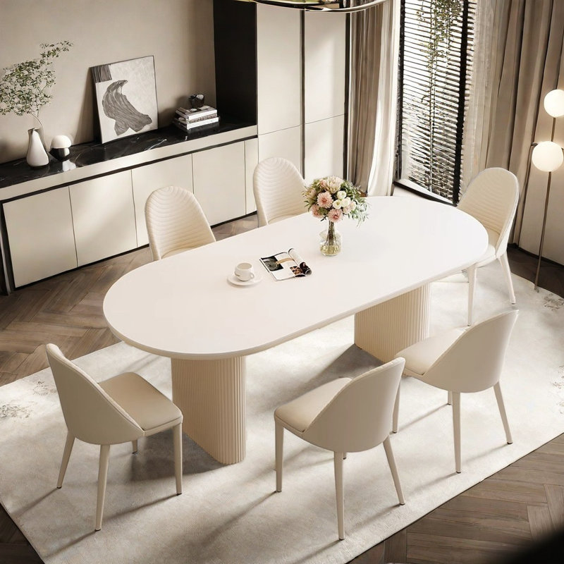 Table à manger ovale simple de style crème et chaise, H 29,9 po x L 70,8 po x l 35,4 po