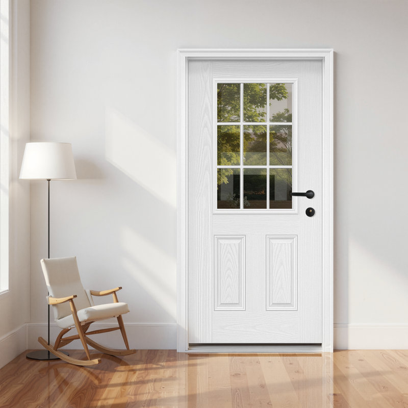 Porte d'entrée avant en fibre de verre 36 po x 36 po à 9 panneaux et 2 panneaux en verre givré, Gauche