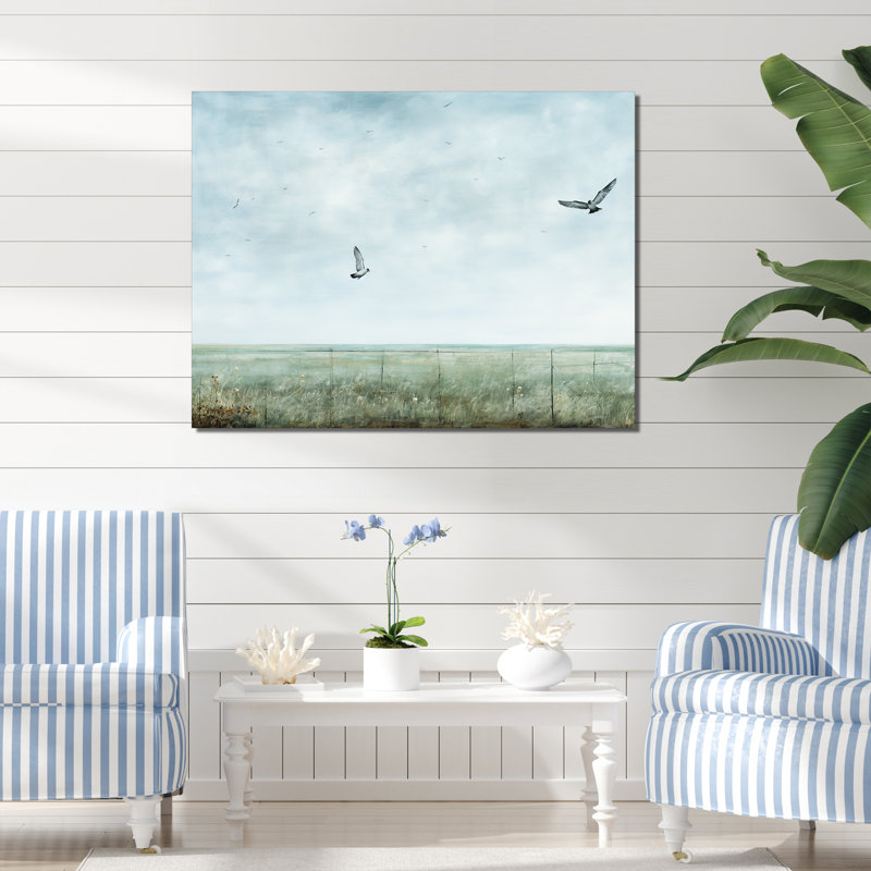Minimalisme, mouettes, vol - art mural minimaliste côtier, H 30 po x l 40 po x P 1,5 po, Toile tendue