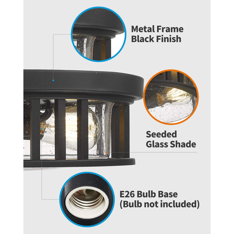 Black Metal and Glass 2-Light Drum Flush Mount Ceiling Light