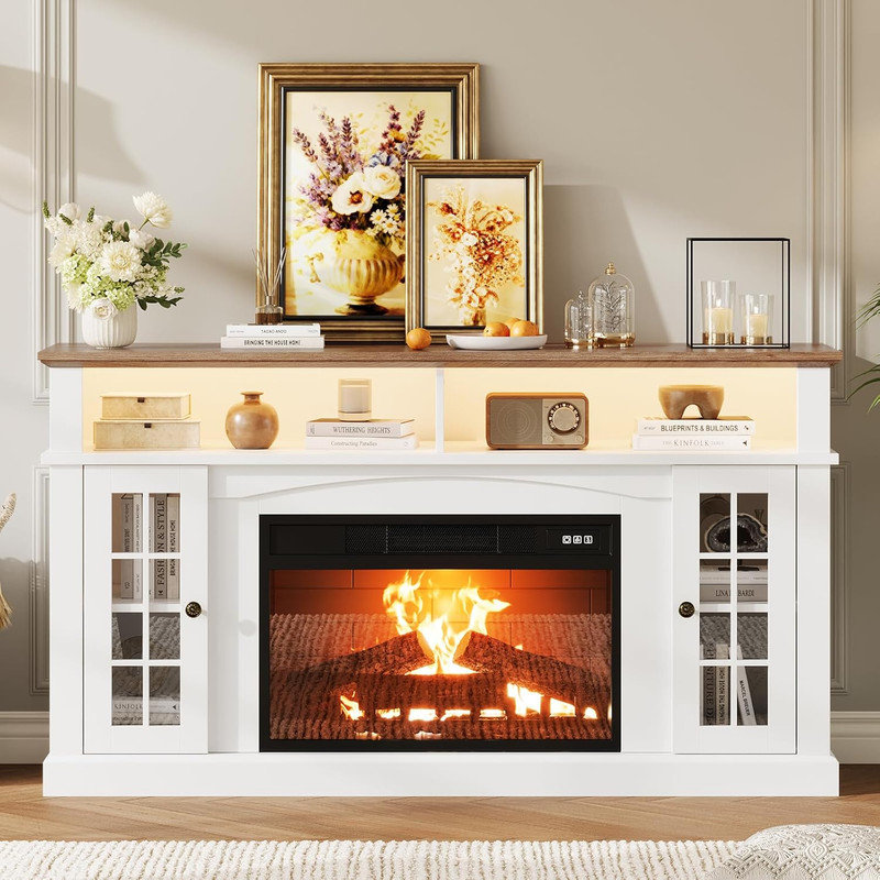 58" White TV Stand for Up to 70" TV, with Fireplace, Glass Door & LED Lights, Entertainment Center, White