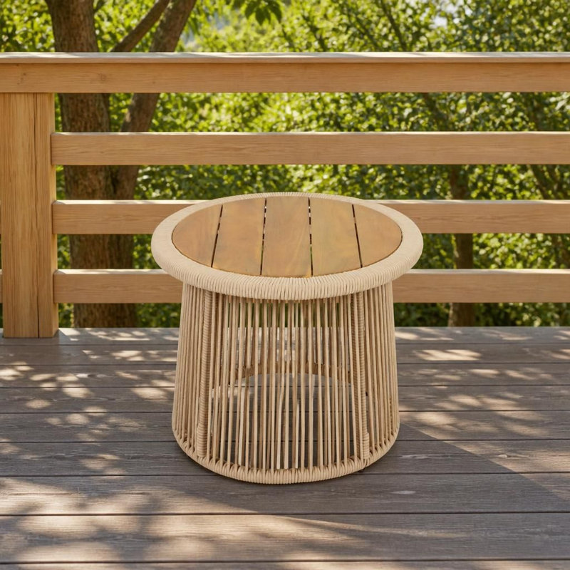 Table d'appoint ronde moderne à tissage ouvert avec plateau en bois d'acacia durable, capacité de poids élevée, structure intérieure en acier robuste, résistant aux intempéries