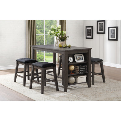 Ashwick 60" Farmhouse Counter Height Dining Set— 1 Table & 4 Stools · Built-In Shelving