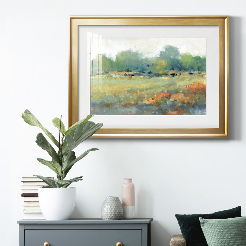 Paysage champêtre II - peinture encadrée, H 18,5 po x l 24,5 po x P 1 po, Or, Blanc