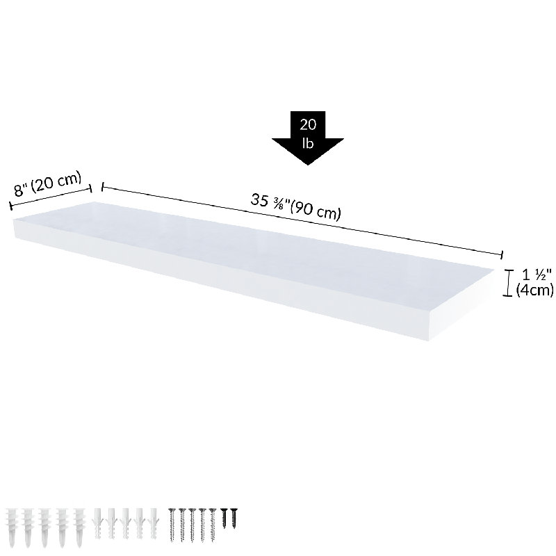 Miami 36" W x 8" D Floating Shelf with Invisible Wall Mount Bracket, White