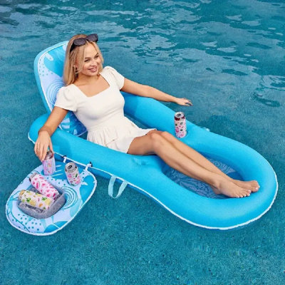 Pool Floats Lounger Adult, Fabric Pool Floaties Lounge Convertible 2-In-1 Floating Water Floaty With Cup Holders Adjustable Backrest Recliner For Pool Party, Summer Inflatable Pool Toys
