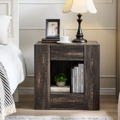 Modern Nightstand With Charging Station, 24" Large Bedside Table With Drawers & Open Shelf，night Stand Wood Thick Design