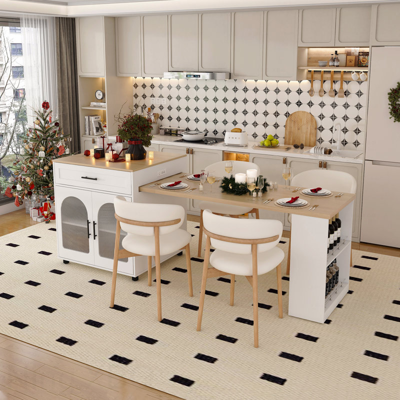 80-Inch Expandable Kitchen Island Dining Table Solid Wood Grain Countertop Power Outlet Mobile Storage Cart Cabinet 