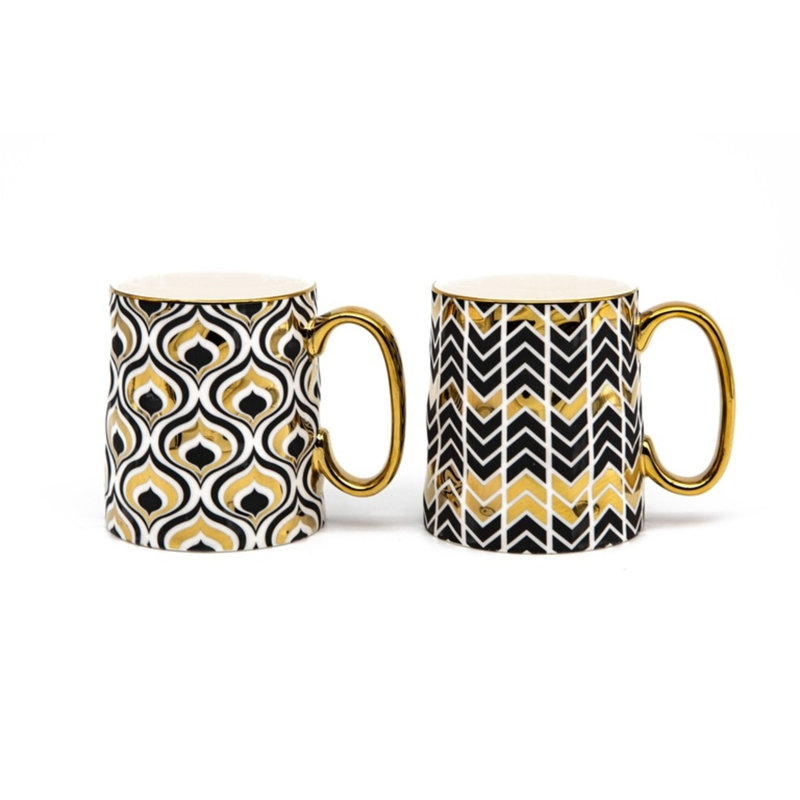 kook Coffee Mug Set, Curved Geometric Design, Black And Gold, Set Of 2