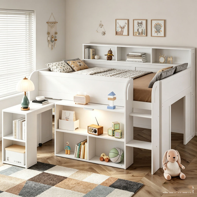 Lit mezzanine en bois avec plusieurs tablettes de rangement, bureau et DEL, Blanc