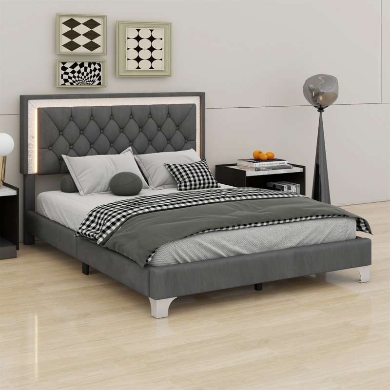 Structure de lit tapissier avec lumières DEL, lit plateforme moderne avec tête de lit capitonnée, Gris