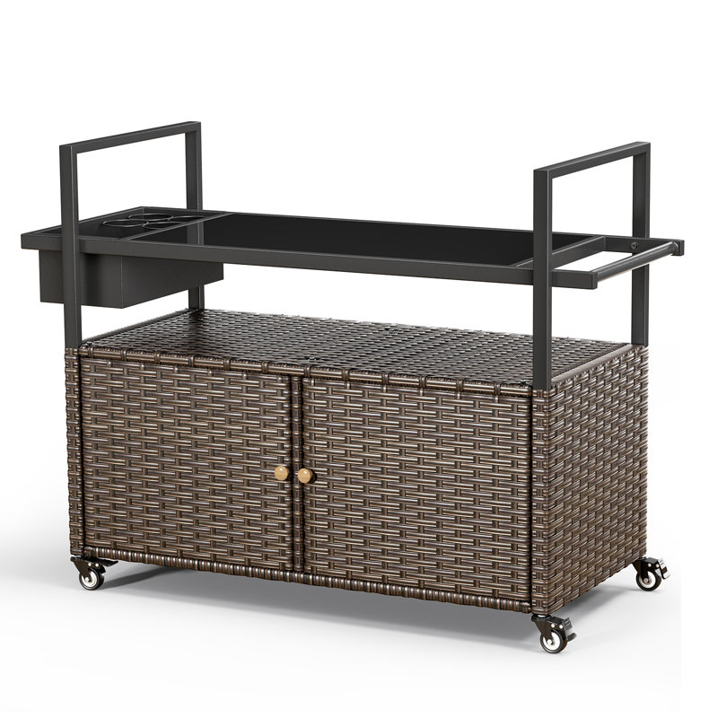 49" Portable PE Wicker Bar Cart with Tempered Glass Table Top and Durable Steel Frame, Brown