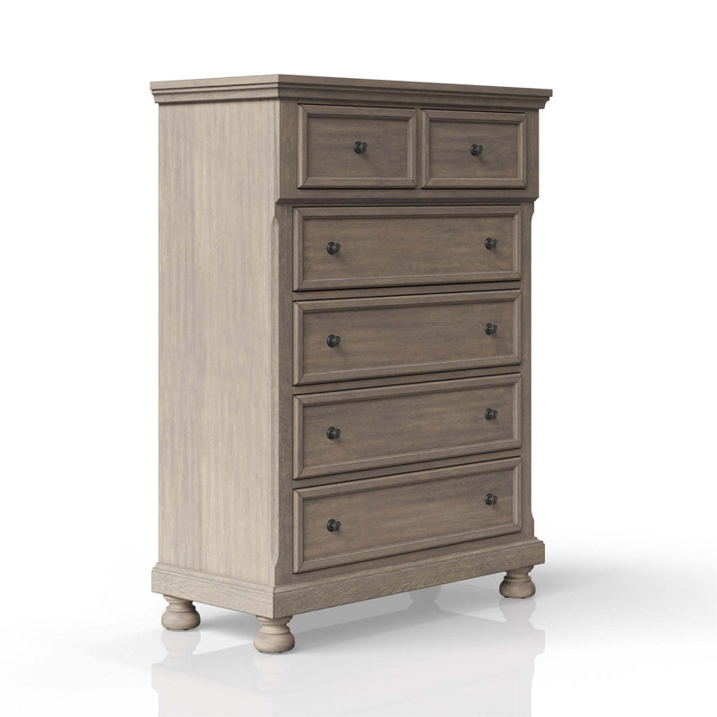 Commode 5 tiroirs avec finition gris antique, conception transitionnelle pour une solution de rangement élégante et fonctionnelle
