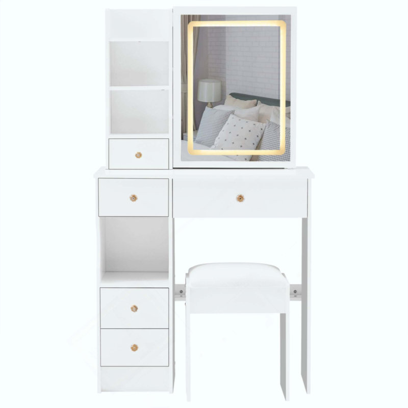 Small Size Left Drawer Desktop Vanity Table + Cushioned Stool, Large Sliding, Touch Control, Tri-Color Switching, Brightness Adjust LED Mirror, High Capacity Storage, Suitable For Small Space
