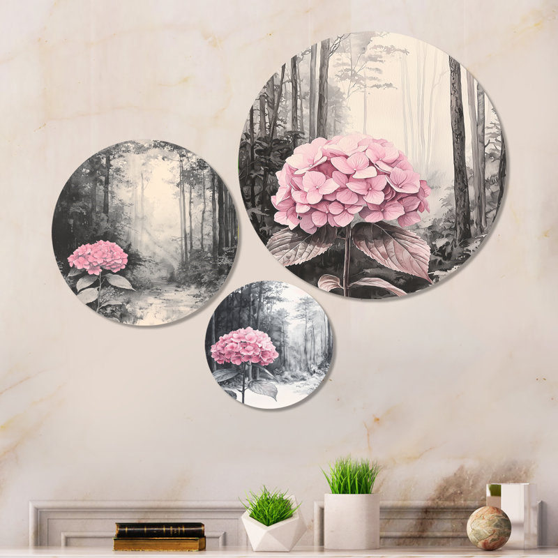 Hortensias dans la forêt monochrome I - hortensia rose, ensemble d'art mural en métal de 3