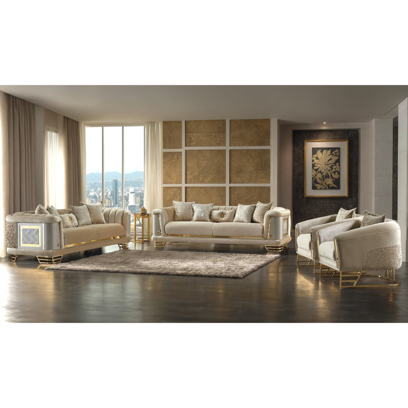 Ensemble de salon en velours 4 pièces Heidy, Beige