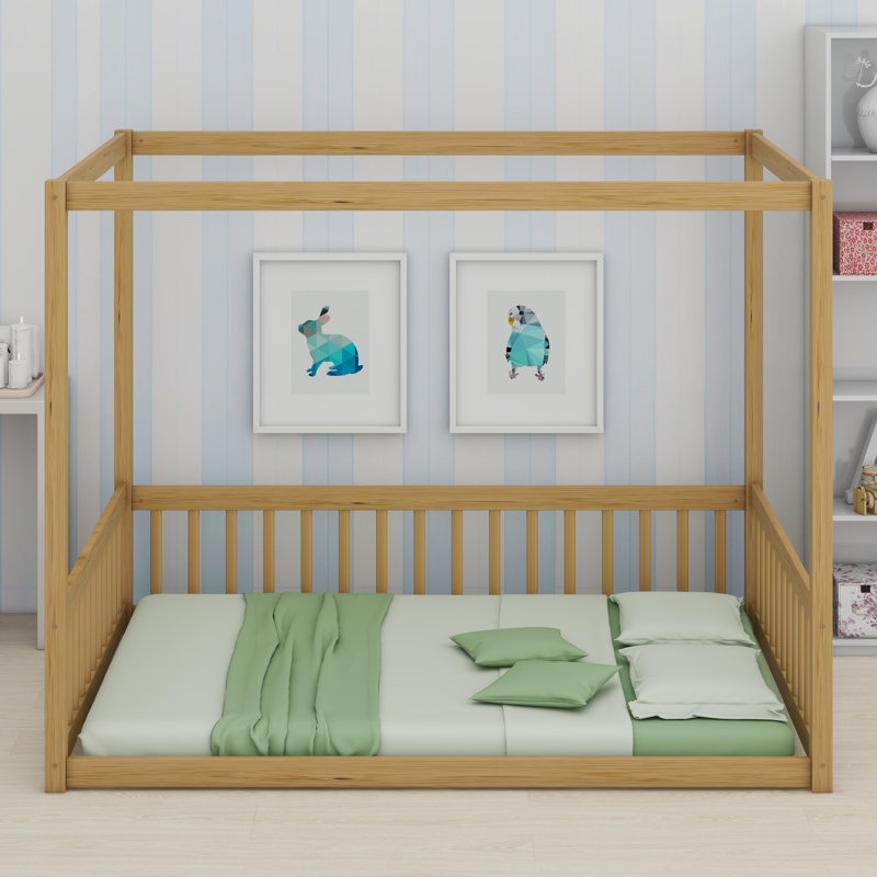 Canopy Floor Bed With Full-Perimeter Guardrails And Safety Fence Design, Natural