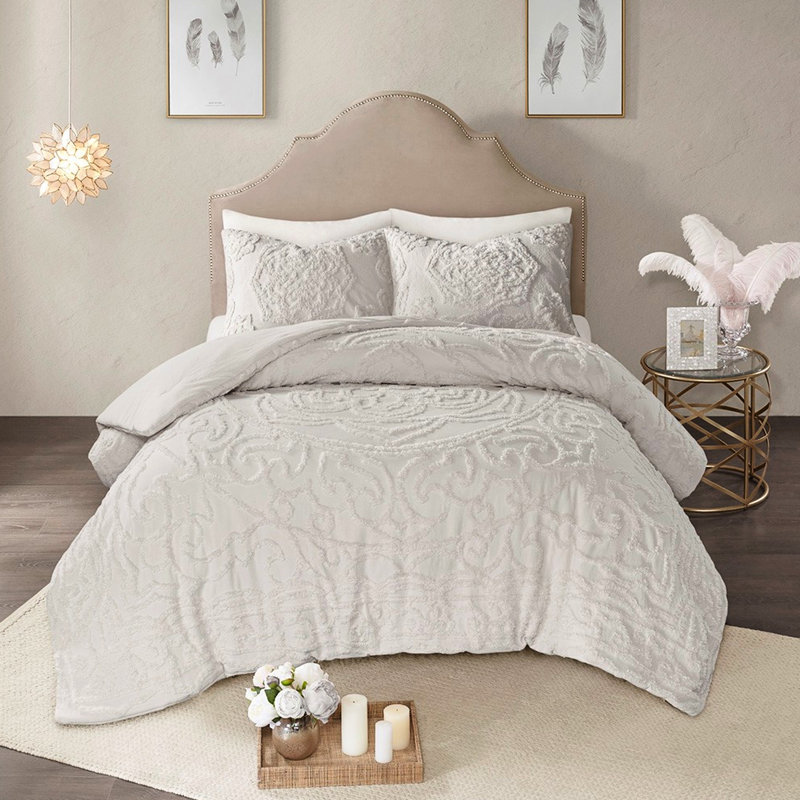 Literie pour lit double / grand en coton chenille gris 100% coton, toutes saisons, intérieur respirant