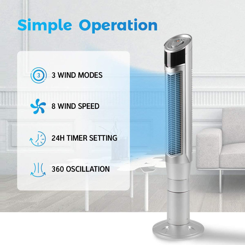 R.W.FLAME 360 Degree Oscillating Tower Fan with Quiet Cooling, 24H Timer, Remote Control, 8 Wind Speed, Silver