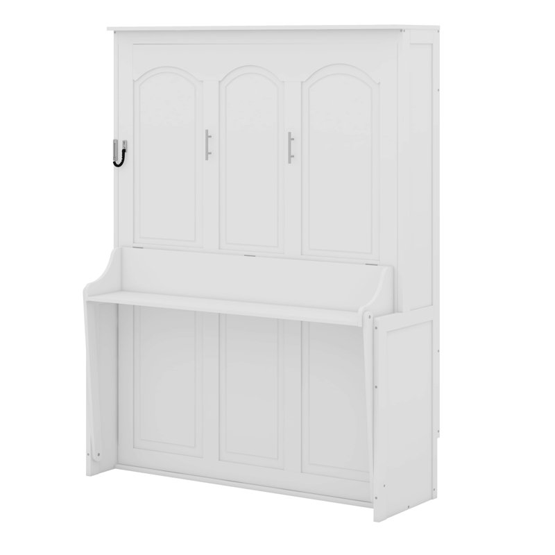 Grand lit escamotable en bois avec bureau, éclairage DEL et station de charge, Blanc