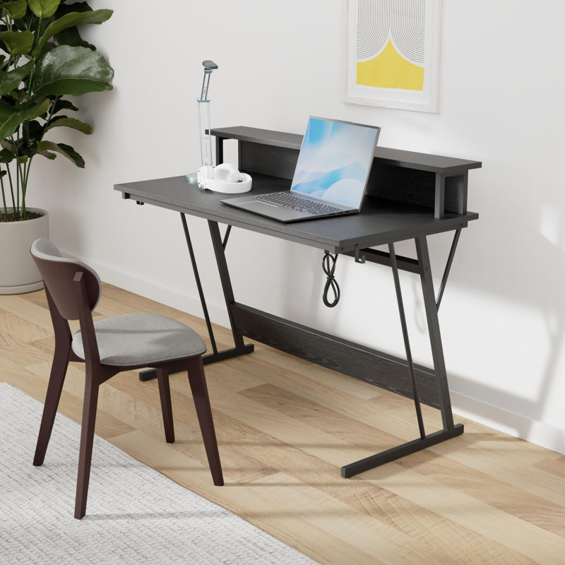 Gaming Desk With LED Lights And Built-In Power Outlets, Computer Desk With Monitor Stand, Holds 2 Monitors