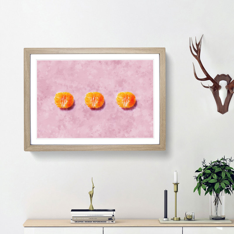 Oranges on Pink - Picture Frame Graphic Art Print, 45cm H x 63cm W x 2cm D, Oak Framed