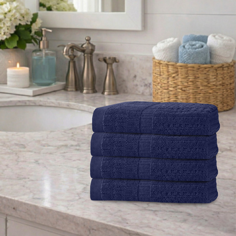 Ensemble de 4 serviettes Willow - 100% coton peigné, qualité supérieure 630 g / m², bleu marine, ultra doux et très absorbant (4 serviettes à main)