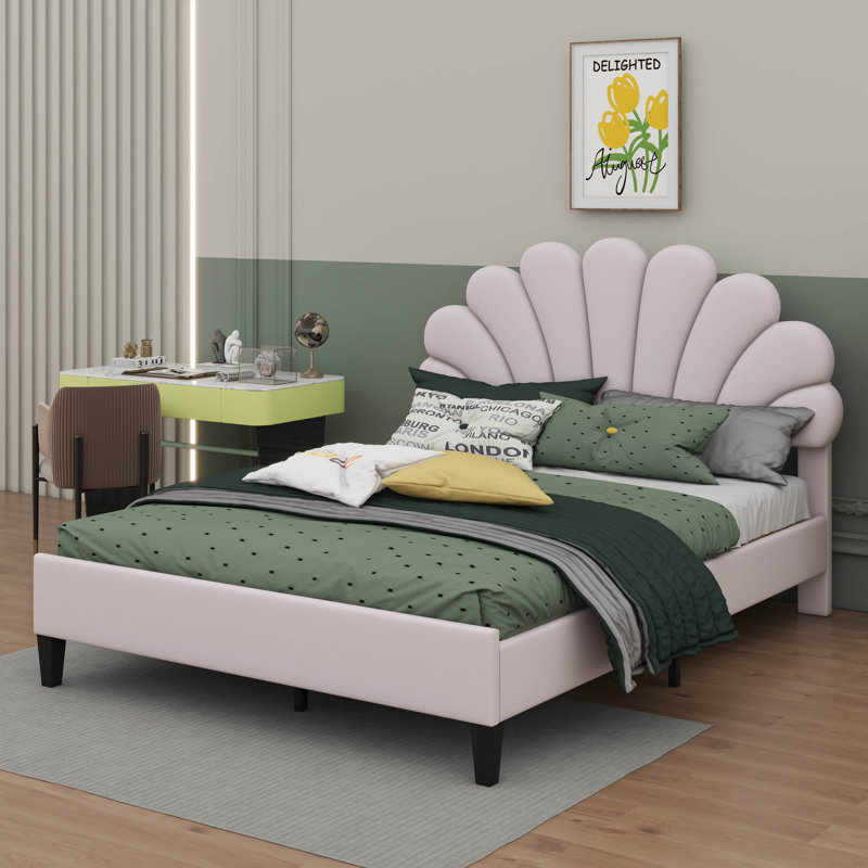 Lit plateforme tapissier en velours avec tête de lit à motif floral, Grand lit, Beige