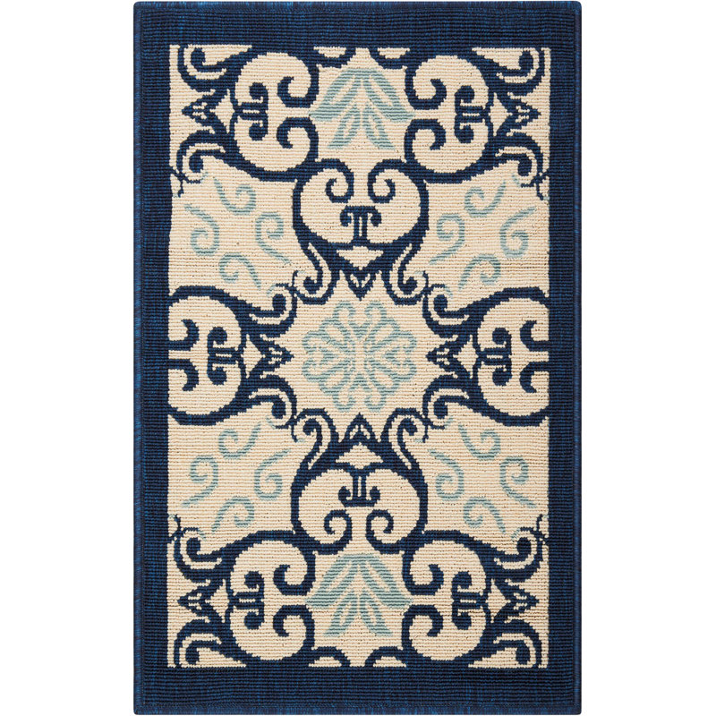 Lewis Damask Ivory/Navy Indoor/Outdoor Area Rug, Rectangle 2'6" x 4'