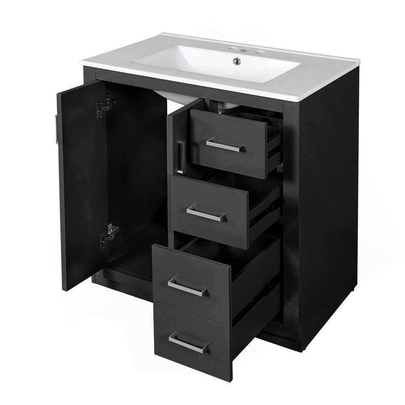 Ensemble de meuble-lavabo 30 po avec lavabo en céramique, armoire de rangement en bois massif, ensemble de meuble-lavabo autoportant avec 3 tiroirs et portes à fermeture douce