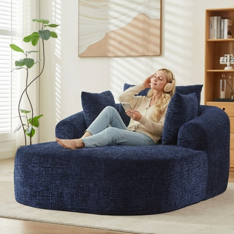 Canapé-lit surdimensionné en chenille bleu 49,6 po, sans assemblage requis, avec accoudoirs et coussins, Bleu