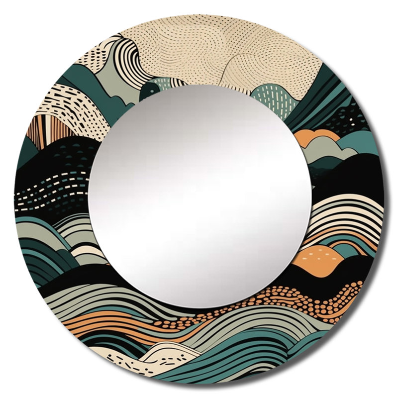 «Sabur» sarcelle, dessin au trait noir Elegance II - formes abstraites, miroir mural rond moderne, impression sur métal