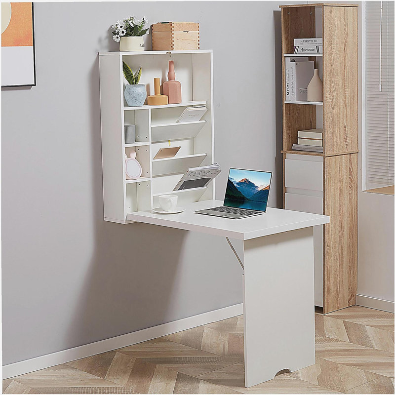Bureau convertible mural pliable, bureau flottant multifonctionnel avec tablette de rangement, blanc, Blanc