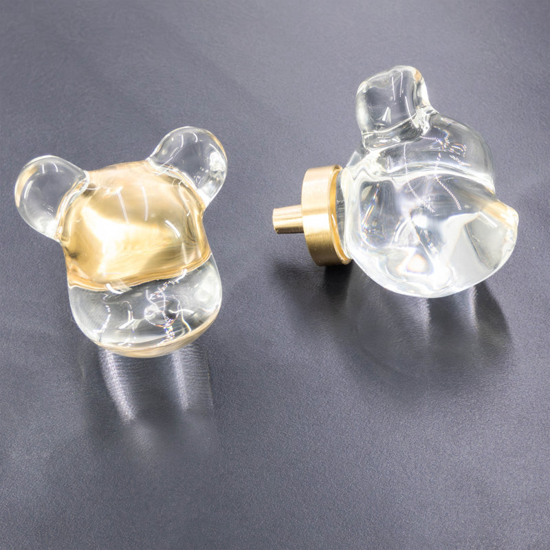 Bear-Inspired Glass Cabinet Knob with Brushed Brass Base