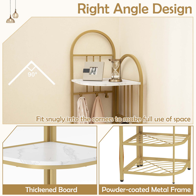 4-tier Coat Rack Corner Hall Tree With Shoe Storage Bench 6 Removable Hooks Bedroom, Gold/White