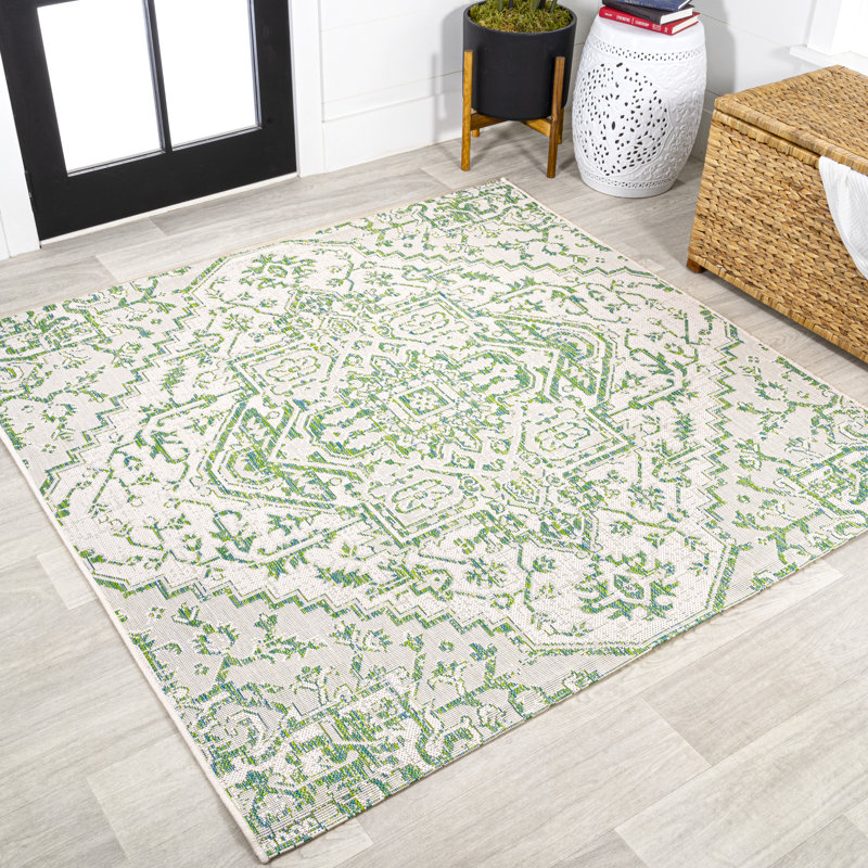 Truman Bohemian Medallion Textured Weave Green/Cream Indoor/Outdoor Rug, Square 5'3"