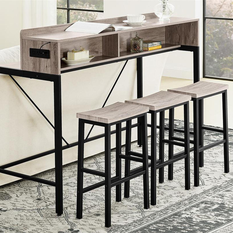 Ensemble de table de bar 59 pouces, table de salle à manger, table de canapé avec prise de courant et lumière DEL, 3 tabourets de selle, table de bar 4 pièces et chaises pour le salon, la salle à manger et la cuisine