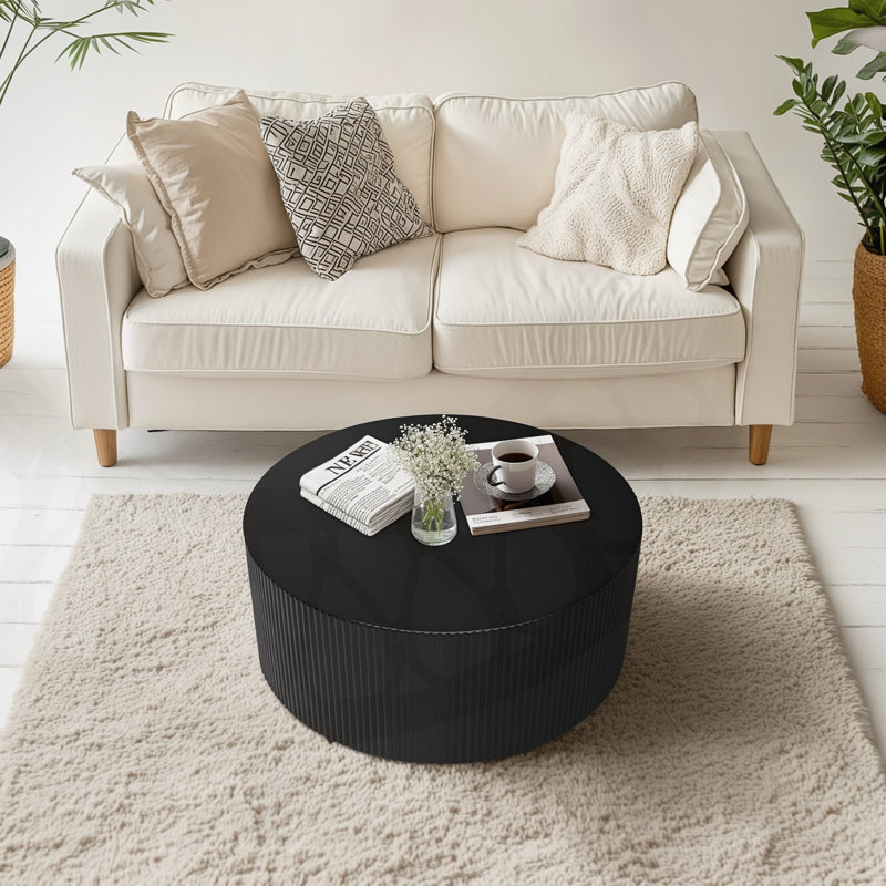 Table basse cylindrique de style rétro avec motif en relief vertical, table basse, table de salon, Noir