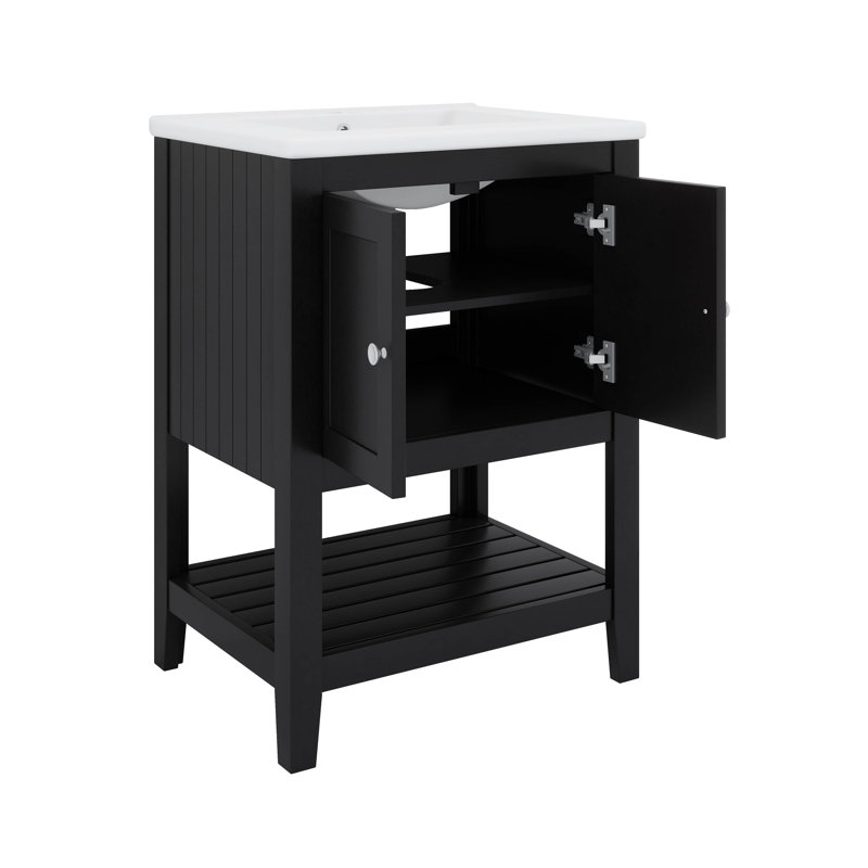 Meuble-lavabo 24 po avec lavabo en céramique, meuble-lavabo avec armoire et tablette ouverte 24 po, Noir