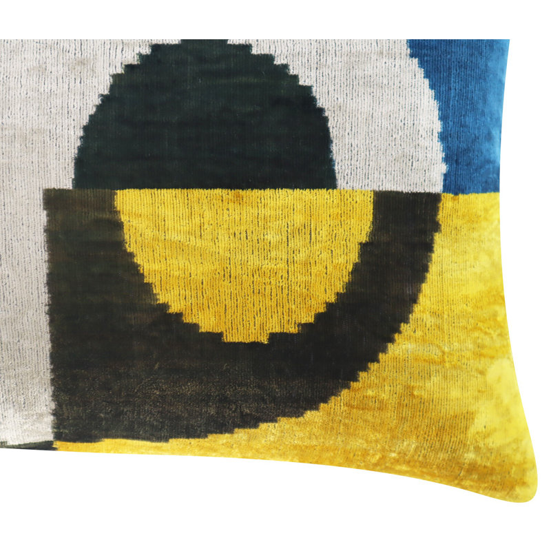 Velvet Lumbar Pillow Cover & Insert, Blue/Gray/Yellow Geometric 1