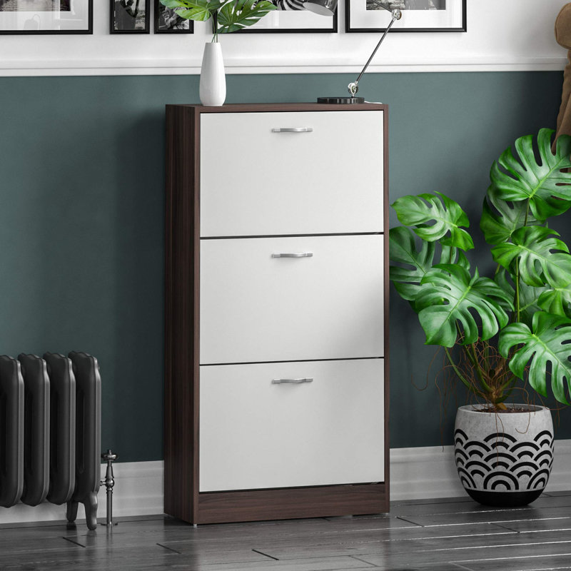Drawer Flip Down Shoe Storage Free Standing Cabinet For Hallway, 118" H x 60" W x 24" D, Walnut/White