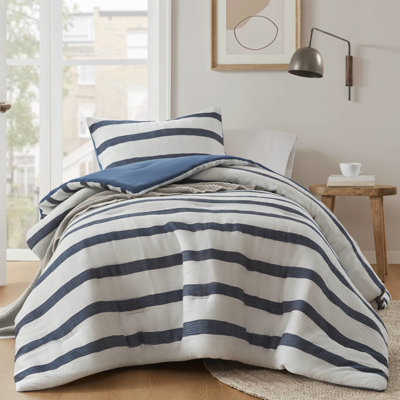 Édredon simple / simple TG avec teinte légèrement froissée, toute chaleur et standard 100 pour un sommeil pur et confortable avec des rayures bleues, un rembourrage, un revers en microfibre lisse, un intérieur côtier idéal