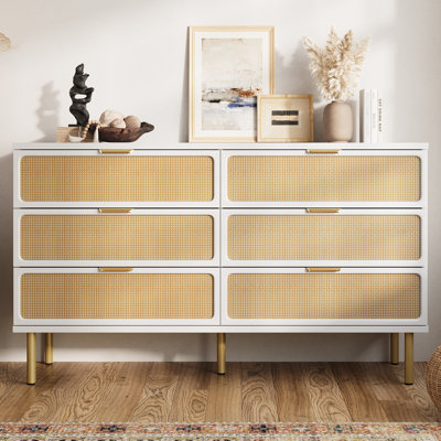 55.1" W 6-Drawer Solid and Manufactured Wood Dresser with Rattan