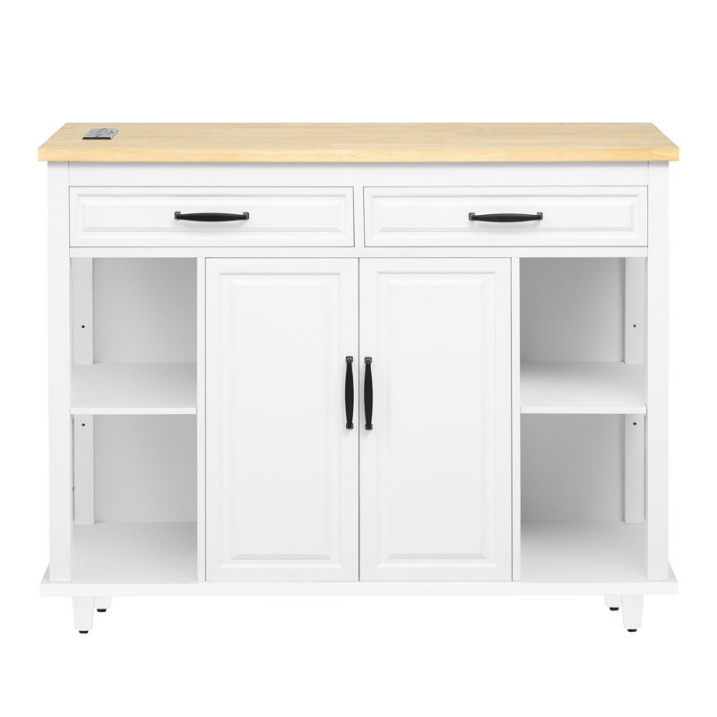 47.2" Kitchen Island With 13.8 X 41.7 Extendable Dining Table, Rubber Wood Veneer, Internal Storage Rack, Charging Outlets